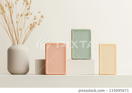 Handcrafted organic soap bars in a minimalistic setting, natural skincare, artisan craftsmanship 133095671