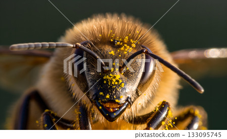 Close-up portrait captures honeybee detailed face covered with yellow pollen dust carrying nectar Close-up portrait captures honeybee detailed face covered with yellow pollen dust carrying nectar 133095745