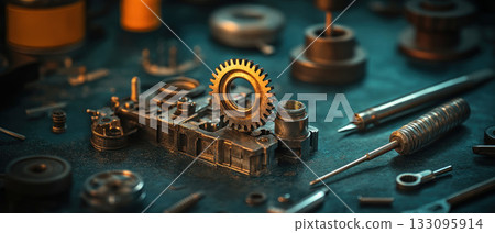 Detailed close-up of various metal components, showcasing gears, tools, and mechanical parts on a textured work surface. Detailed close-up of various metal components, showcasing gears, tools, and mechanical parts on a textured work surface. 133095914