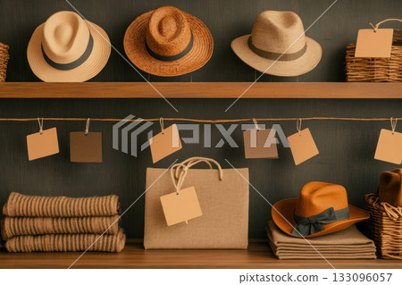 Stylish hats displayed on a wooden shelf, accompanied by natural textures and earthy tones, perfect for fashion and decor ideas. 133096057