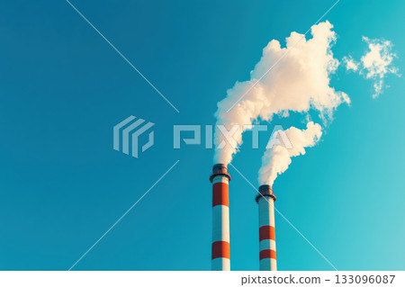 Industrial smokestacks releasing white smoke into a clear blue sky, symbolizing pollution and environmental issues. 133096087
