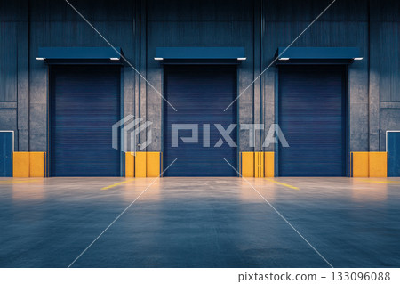 Industrial warehouse interior featuring three large dark blue roller doors and polished concrete floor, perfect for storage or logistics. 133096088
