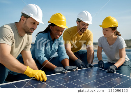 AI generated diverse group of workers installing solar panels on a rooftop under bright sunlight. The team is focused and determined, contributing to renewable energy efforts while AI generated diverse group of workers installing solar panels on a rooftop under bright sunlight. The team is focused and determined, contributing to renewable energy efforts while 133096133