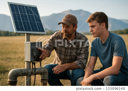 AI generated A father and his son inspect a solar-powered water pump in a rural setting with mountains in the background. The image captures a sense of family connection, sustainability 133096148