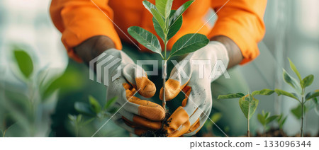A person planting a young tree in a garden, showcasing the beauty of nature and the importance of environmental care. A person planting a young tree in a garden, showcasing the beauty of nature and the importance of environmental care. 133096344
