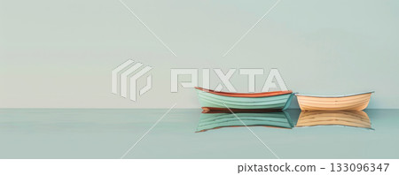 Tranquil scene of three serene boats floating on calm water under soft pastel hues, evoking peace and harmony. 133096347