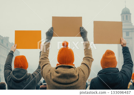 Three individuals wearing orange hats hold blank signs during a protest, symbolizing unity and collective voice in a public space. 133096487