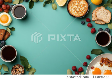 Topdown view of a natural, organic breakfast spread, healthy lifestyle, nutritious morning routine 133096488