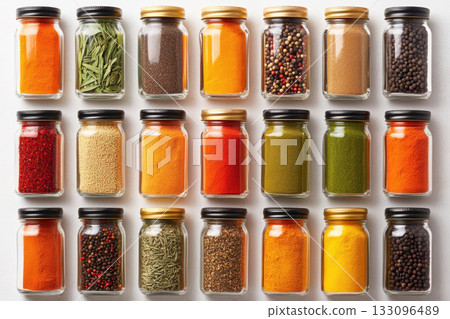 Topdown view of an organized organic spice rack, natural cooking, culinary artistry Topdown view of an organized organic spice rack, natural cooking, culinary artistry 133096489