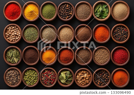 Topdown view of an organized organic spice rack, natural cooking, culinary artistry 133096490