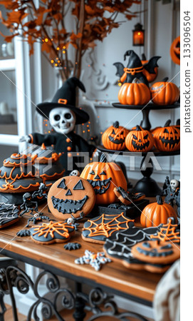 A festive Halloween display featuring decorative pumpkins, spooky cookies, and a ghostly figure, perfect for autumn celebrations. 133096504