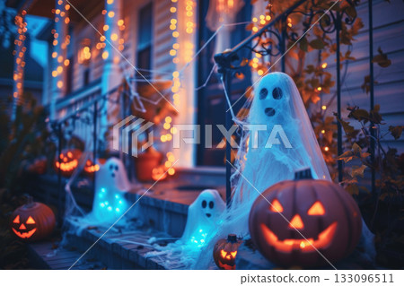 A spooky Halloween scene featuring illuminated ghosts and carved pumpkins, creating a festive atmosphere for the season. A spooky Halloween scene featuring illuminated ghosts and carved pumpkins, creating a festive atmosphere for the season. 133096511