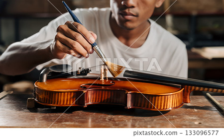 Craftsman applying varnish to a violin in his workshop highlighting dedication to musical Craftsman applying varnish to a violin in his workshop highlighting dedication to musical 133096577