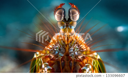 Intricate composition showcasing the vibrant colors and complex structure of a peacock mantis Intricate composition showcasing the vibrant colors and complex structure of a peacock mantis 133096607
