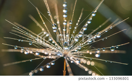 Dew kissed dandelion seed head, radiant in morning light, showcases natural delicate beauty and 133096801