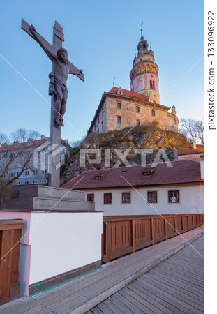 Tower and crucifix at sunrise, Cesky Krumlov, Czech Republic Tower and crucifix at sunrise, Cesky Krumlov, Czech Republic 133096922