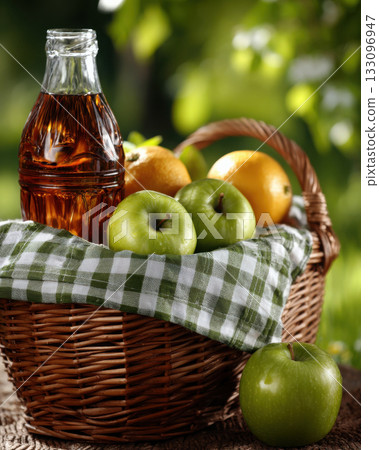 Picnic basket with fruits and iced tea on a green meadow Picnic basket with fruits and iced tea on a green meadow 133096947