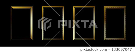 Gold thin rectangle frame set. Shining golden square borders in art deco style. Thin linear rectangular cadre collection. Vector yellow glowing shiny boarder element pack for tarot card, photo, poster 133097047