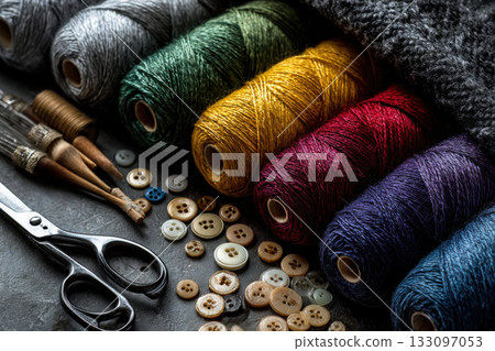 Craft supplies arranged in vibrant rainbow colors for creativity 133097053