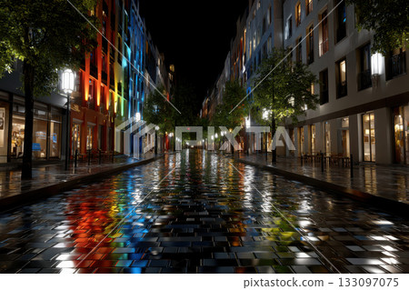 Vibrant rainbow path through a futuristic city at night 133097075