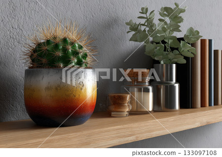 Small cactus in a colorful pot on a minimalist shelf Small cactus in a colorful pot on a minimalist shelf 133097108