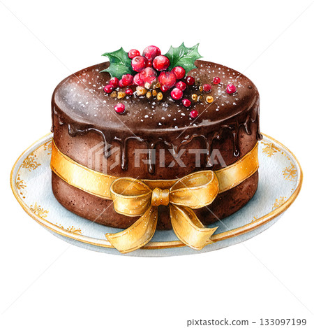 水彩風格的美味巧克力聖誕蛋糕插圖，背景透明（png格式）。 133097199