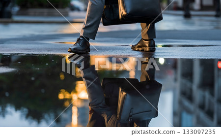 Urban professional navigating city street with briefcase reflected in wet pavement after rainfall 133097235