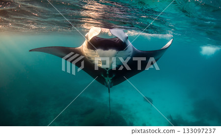 Majestic manta ray gracefully swims in turquoise ocean waters revealing its distinctive markings 133097237