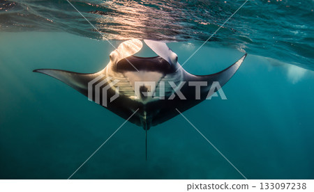 Majestic manta ray gracefully glides near ocean surface radiating a serene atmosphere within Majestic manta ray gracefully glides near ocean surface radiating a serene atmosphere within 133097238