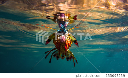 Spectacular underwater portrait of a mantis shrimp showing its vibrant colors and unique physical 133097239