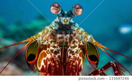 A stunning macro close-up reveals the fascinating details of a Peacock Mantis Shrimp under the sea 133097240
