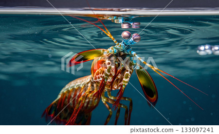 Underwater encounter with a peacock mantis shrimp revealing its vibrant colors and unique 133097241