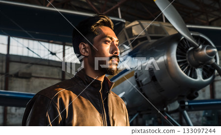 Introspective aviator stands before his biplane, contemplating the next soaring adventure across Introspective aviator stands before his biplane, contemplating the next soaring adventure across 133097244