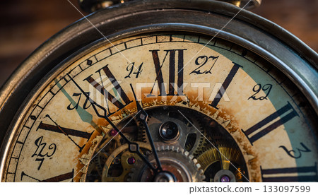 Intricate antique pocket watch close up showcasing time's passage and exquisite mechanical 133097599