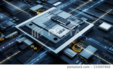 Intricate digital motherboard depicting innovation featuring the processor with technological Intricate digital motherboard depicting innovation featuring the processor with technological 133097808