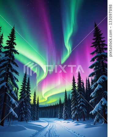 Aurora borealis and coniferous forest 133097898