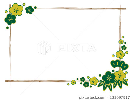 Japanese-style square frame with pine, bamboo, plum and brush lines / green and gold Japanese-style square frame with pine, bamboo, plum and brush lines / green and gold 133097917