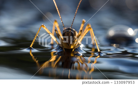 Surreal perspective of a cricket standing on a reflective water surface creating ripples in a 133097953