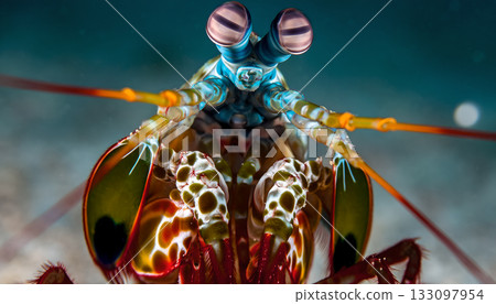 Captivating macro shot showcasing the vibrant colors and unique features of a peacock mantis Captivating macro shot showcasing the vibrant colors and unique features of a peacock mantis 133097954