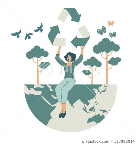 Woman holding recycle icon on globe, nature conservation concept, Environmental protection. Vector design illustration. 133098014