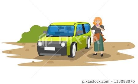 Concept travel time of female tourists. woman stands holding a mobile phone to communicate because she is lost. Lost in the forest area. Traveling by vehicle alone. Isolated white background. Concept travel time of female tourists. woman stands holding a mobile phone to communicate because she is lost. Lost in the forest area. Traveling by vehicle alone. Isolated white background. 133098070