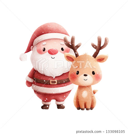 Cute Santa Claus and reindeer watercolor illustration on transparent background (png) 133098105