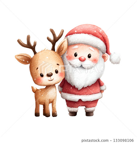 Cute Santa Claus and reindeer watercolor illustration on transparent background (png) 133098106