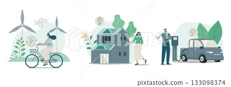 Set of sustainable, Wind turbines generate electricity, Modern ecology house and solar energy, Electric car charging station,  Urban ecosystem life with natural, Vector illustration. 133098374