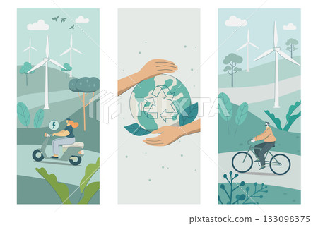 Set of sustainable, Woman driving electric motorcycle, Man riding a bicycle, Two hands to protect the global environment, Ecological life with natural and alternative energy. Vector illustration. 133098375
