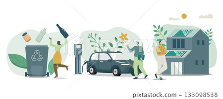 Set of Eco friendly sustainable, Waste recycling project, Electric car charging station, Modern ecology house and solar panels,  Renewable energy sources concept, Vector design illustration. 133098538