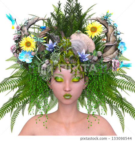 Woman with flower art in hair close-up 133098544