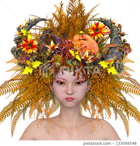 Woman with flower art in hair close-up 133098546