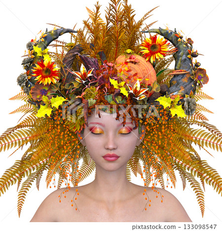 Woman with flower art in hair close-up 133098547