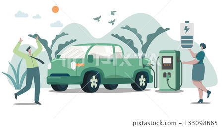 Eco friendly sustainable, Electric pickup charging station, Clean green energy from renewable sources concept. Vector design illustration. Eco friendly sustainable, Electric pickup charging station, Clean green energy from renewable sources concept. Vector design illustration. 133098665
